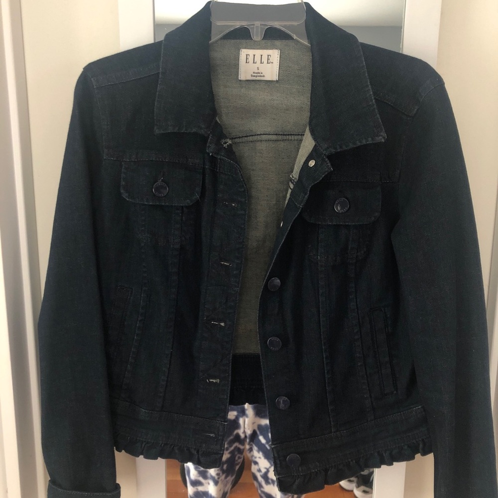 Dark wash denim jacket with ruffle detail